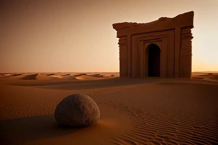 there is a lone rock in the middle of a desert, misha gordin, desert temple, wayne barlowe pierre pellegrini, zdzislaw beksisnski, somewhere in sands of the desert, beksisnski, kris kuksi, nadav kander, dark ruins landscape, sahara, inspired by Michal Karc...