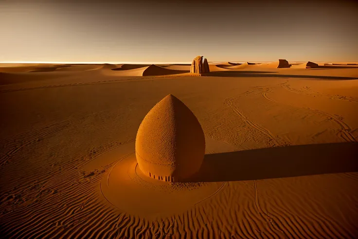 there is a lone rock in the middle of a desert, misha gordin, desert temple, wayne barlowe pierre pellegrini, zdzislaw beksisnski, somewhere in sands of the desert, beksisnski, kris kuksi, nadav kander, dark ruins landscape, sahara, inspired by Michal Karc...