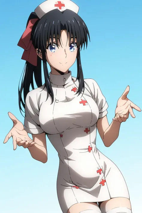 dutch angle, MASTER PIECE, HIGH QUALITY,  HD, 4K(((((Kamiya Kaoru wearing nurse dress, white thighhigh, Kamiya Kaoru black hair))))), (((sexy body))), ((((perfect girl anatomy)))), (((BLACK LONG HAIR, long ponytail hairstyle, hairbow, PERFECT EYES, large b...