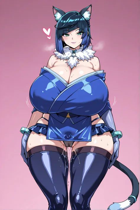 (Yelan,),heart,(gigantic huge busty,big hips,glamorous,plump,),(,in heat,full lips,close mouth,smile,cat ears,neck fur,cat tails,),(,blue latex,kimono,off-shoulder,mini skirt,tight-fitting,elbow gloves,long sleeves,panties,pussy juice stain,),(,looking vie...