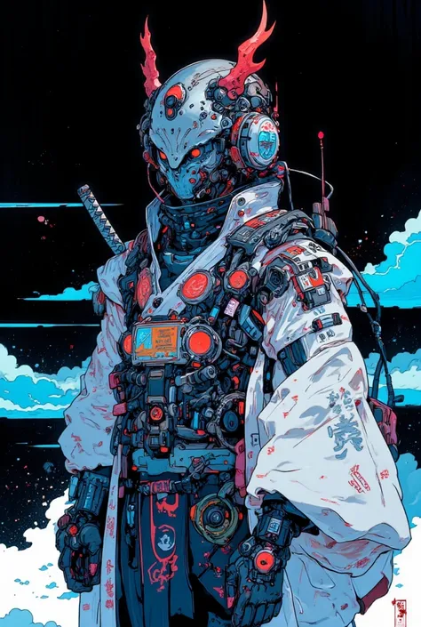   anime-style illustrations, Sci-fi Hi-Tech Wear Fused with Kimono,  and the devil wearing a sword and helmet ,The helmet warrior , Mobility ,Apply neon blue lighting effects from behind,, Gadget Details ,Demon SF Samurai, cyberpunk samurai,very beautiful ...