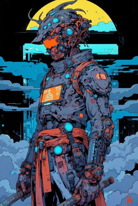   anime-style illustrations, Sci-fi Hi-Tech Wear Fused with Kimono,  and the devil wearing a sword and helmet ,The helmet warrior , Mobility ,Apply neon blue lighting effects from behind,, Gadget Details ,Demon SF Samurai, cyberpunk samurai,very beautiful ...