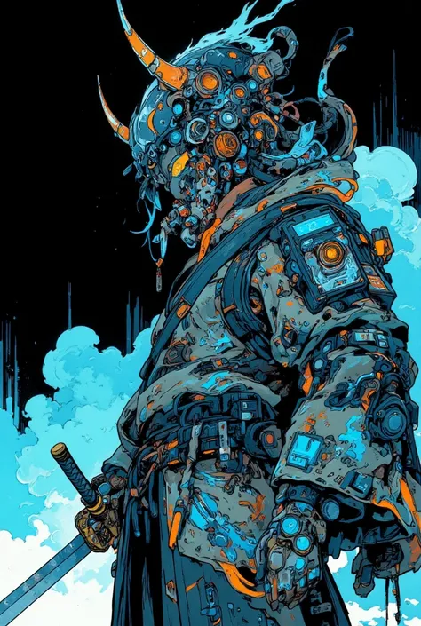   anime-style illustrations, Sci-fi Hi-Tech Wear Fused with Kimono,  and the devil wearing a sword and helmet ,The helmet warrior , Mobility ,Apply neon blue lighting effects from behind,, Gadget Details ,Demon SF Samurai, cyberpunk samurai,very beautiful ...