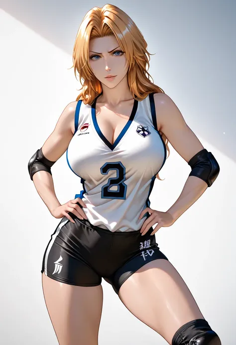 bleach rangiku matsumoto is uploading a black volleyball uniform, tank top, cleavage, tight athletic shorts, knee pads, athletic socks, elbow pads, knee pads, Sensual Pose,  Fishnet Socks ,  large breasts , perfectly highlight complex anatomical features. ...