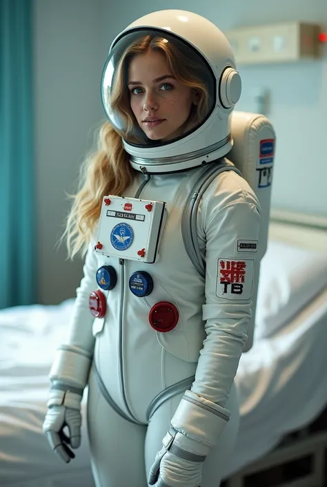 Hot young girl is wearing  full covering astronaut suit she has big tits and ass she has wavy blond hair blue eyes and freckles she is standing in a hospital room . Girl is tall. Girl has big tits and she is fit she is curving her ass. She is fit. She has ...