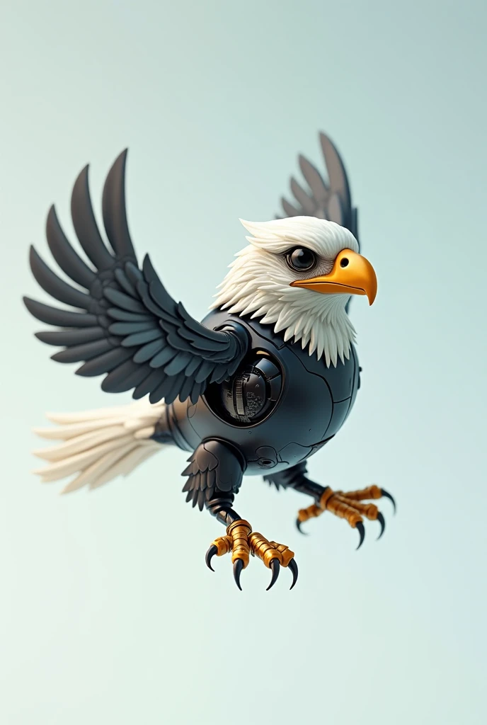 SUPER REAL, chibi, android in the shape of a bald eagle, one bald eagle, entire bald eagle depicted, gliding in the sky, legs extended directly back, head and tail white metallic, body black metallic, beak and legs gold, no body hair. No background, large ...