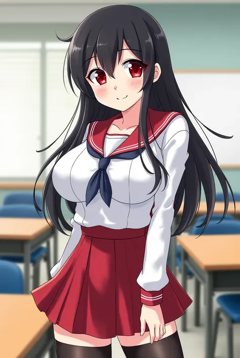 ( Sketch of Boku no Hero )  Woman Rebellious black hair with red reflections, with red eyes,  WHITE LEATHER FUND, with body cup d ,  wide hip, wearing the school uniform ,  inside the classroom of the classroom .