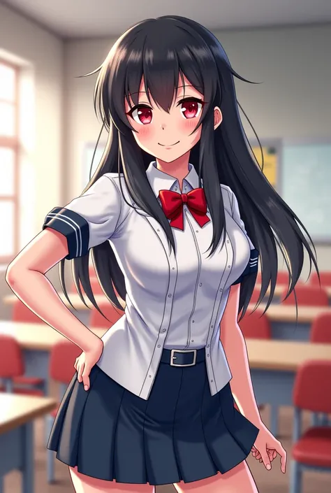 ( Sketch of Boku no Hero )  Woman Rebellious black hair with red reflections, with red eyes,  WHITE LEATHER FUND, with body cup d ,  wide hip, wearing the school uniform ,  inside the classroom of the classroom .