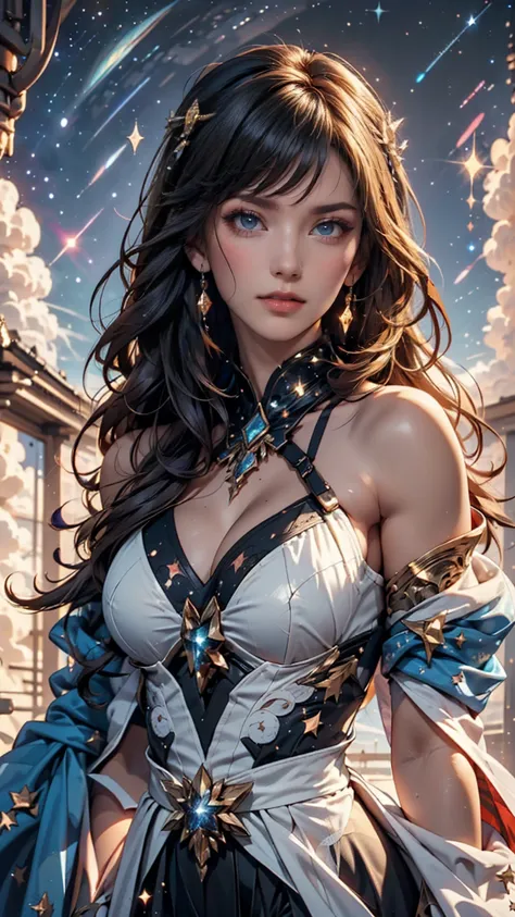  high detail on the face,  super detailed,  Supernatural,  A girl having a great time in the galaxy of her dreams , Surrounded by stars, The warm light that shines on her,  The background is a starry sky with colorful galaxies and galactic clouds, The flyi...