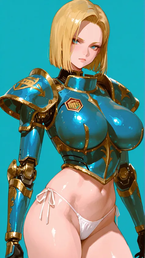 usnr、32K、 alone、Turquoise Background、Original Works、 Supreme Masterpiece、Beauty、Big Breasts、(SaiArmor:1.2)、 white string panties、 Gold、Artificial Human World 18、Android18