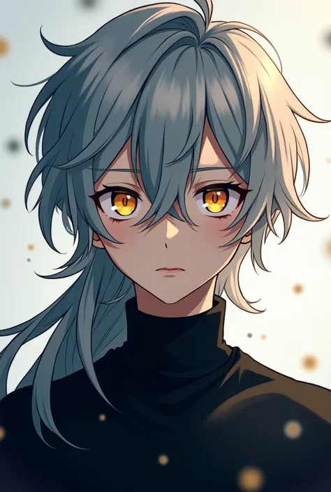 Make the image of an anime-style man , With gray hair, A half-mullet cut with yellow eyes/Orangeados who wears a simple black turtleneck t-shirt and some pretty stellar things around