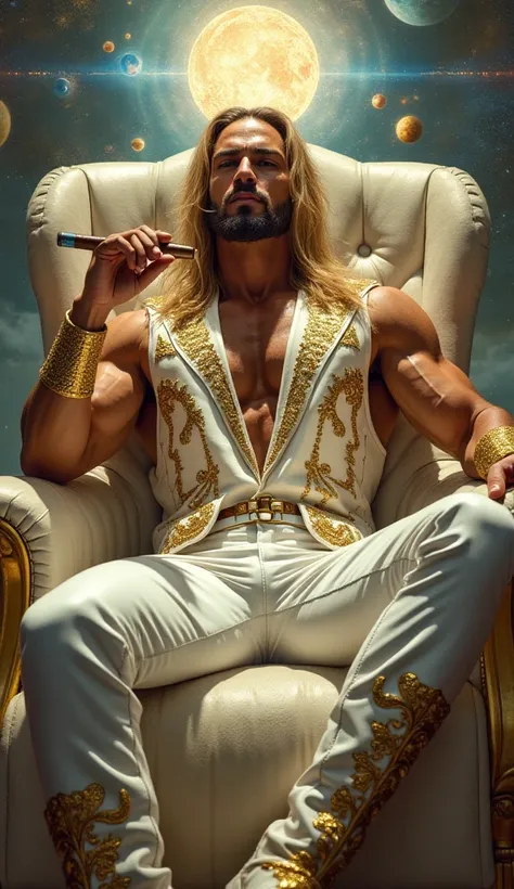 A 6'8" Colombian god, 23, with olive-tanned skin, long straight gold hair framing chiseled jawline, and piercing blue eyes, sitting on the Throne of Heaven, smoking a premium Cuban cigar. Wear: sleeveless white leather vest with popped collar and intricate...