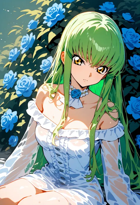 high quality, masterpeace, detailed, detailed beautiful face, detailed clothes, detailed skin, detailed eyes, detailed hair ,1 girl,   c.c., Year 2024 , code geass, ascot,  shoulder out,  Blue Flower, blue  Rose, chest, Bush, choker, closed mouth, collarbo...