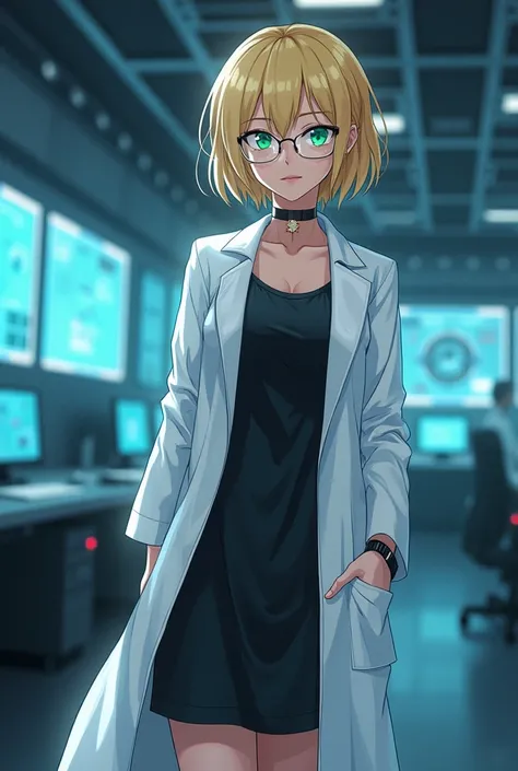 "4K anime style quality, digital drawing mode, a cool and intelligent scientist with short blonde hair and sharp green eyes, wearing her white lab coat over a black dress, standing inside a control room with glowing data screens reflecting off her glasses,...