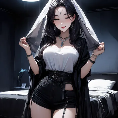   top quality、Ultra-precise depiction、 detailed map、  bright colors visible from the forehead、 beautiful girl 、 alone、Age 30、 Accurate Description 、 Night Bed、 sleeps in bed、 dark lights 、foggy room、red pin light、plasma、 upshot 、Silver Short Hair、 white sh...