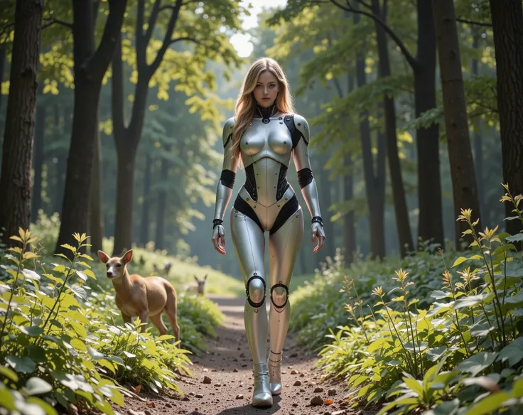 A beautiful cyborg girl front view , Half of the human face, half robot, full body highlighting feet wearing silver shoes stepping on the ground ,  half machine ,  half human,  walks through an ancient verdant forest at 14 : 00 o'clock and the very clear a...