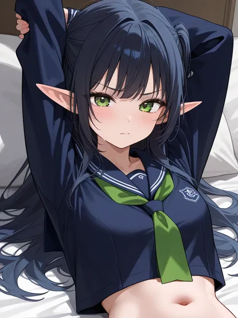 An elf high school girl wearing a dark blue sailor suit and a green tie is stretching out with her stomach sticking out