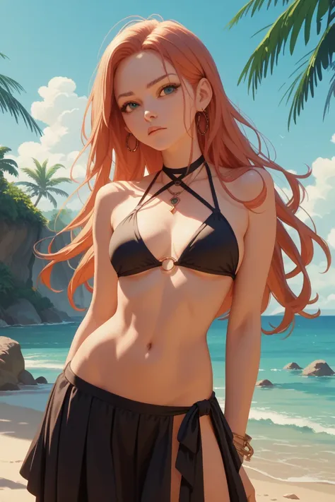 anime screencap, 1girl, solo, bikini, midriff, navel, long hair