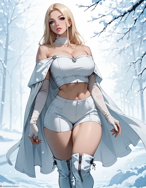 score_9, score_8_up, score_8, 1 girl, emma frost, solo, blonde, blue eyes, slim waist, tall, (huge breasts), (wide hips), (thick thighs:1.5), shoulder length straight hair, abs, white latex boots, off shoulder crop top