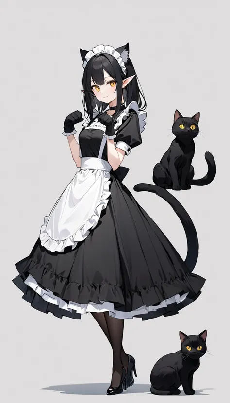 elf, I'm holding a kitten black cat ,Black cat ears, golden eyes, cat eyes, Black cat tail, black hair, Black maid Dress , Black Heels , black choker, black pantyhose, black long gloves, white skin, smile, stand, Poses Like a Model ,Cat Paw Pose, front, He...