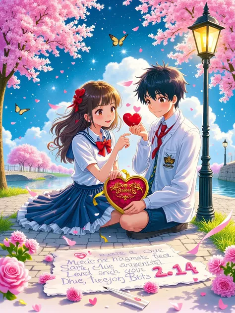 Transparent watercolor texture, White space artistic processing. Q version couple sitting on a letter written by a feather pen, Girl's skirt is dyed into a pink and blue starry sky, Boy's bow tie turns into a butterfly and rests on his shoulder. Floating d...