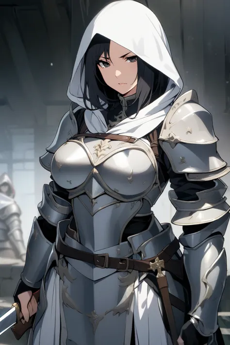 ((Holding a large knife in one hand)),(female knight)、mature、((White hood 、armor)), ( black hair)