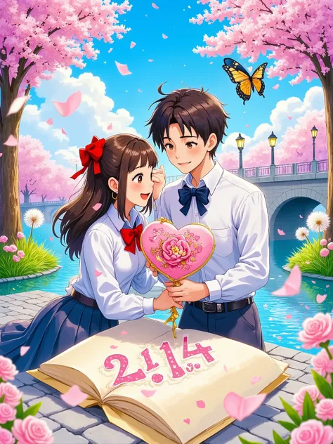 Transparent watercolor texture, White space artistic processing. Q version couple sitting on a letter written by a feather pen, Girl's skirt is dyed into a pink and blue starry sky, Boy's bow tie turns into a butterfly and rests on his shoulder. Floating d...