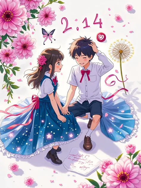 Transparent watercolor texture, White space artistic processing. Q version couple sitting on a letter written by a feather pen, Girl's skirt is dyed into a pink and blue starry sky, Boy's bow tie turns into a butterfly and rests on his shoulder. Floating d...