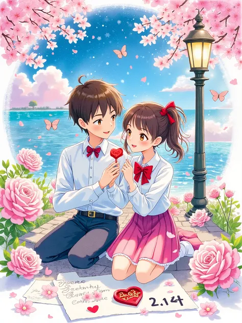 Transparent watercolor texture, White space artistic processing. Q version couple sitting on a letter written by a feather pen, Girl's skirt is dyed into a pink and blue starry sky, Boy's bow tie turns into a butterfly and rests on his shoulder. Floating d...