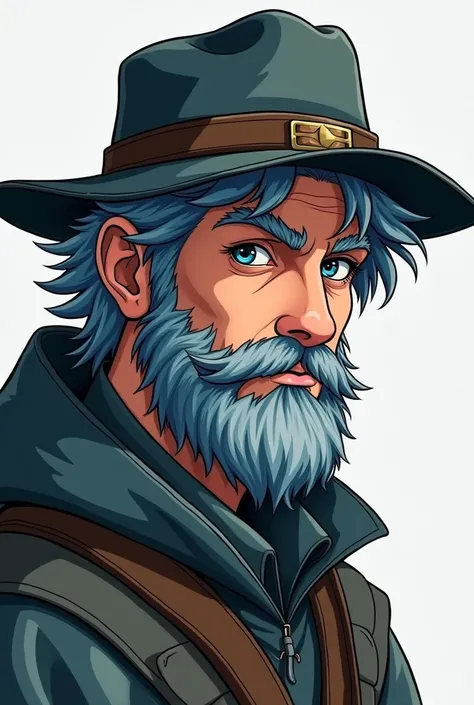 a 25 year old guy who looks like an adventurer, he has blue eyes and a medium thick beard, he wears a hat and both his hair and beard are a strange metallic silver color with a hint of blue. to draw him a bit of a cartoonish line that reminds me of amphibi...