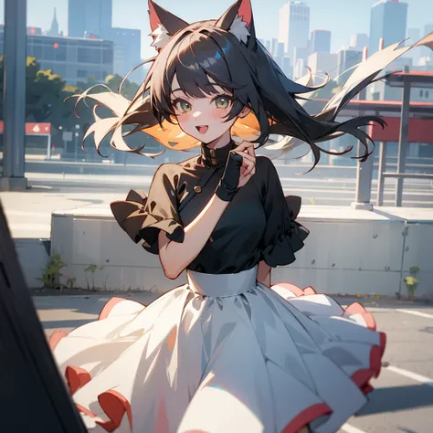 (best quality,cute girl), cat ear, [Upper body, Wind, Happy], (Girly fashion, dress), Los Santos, Suburban, Great view, Vtuber