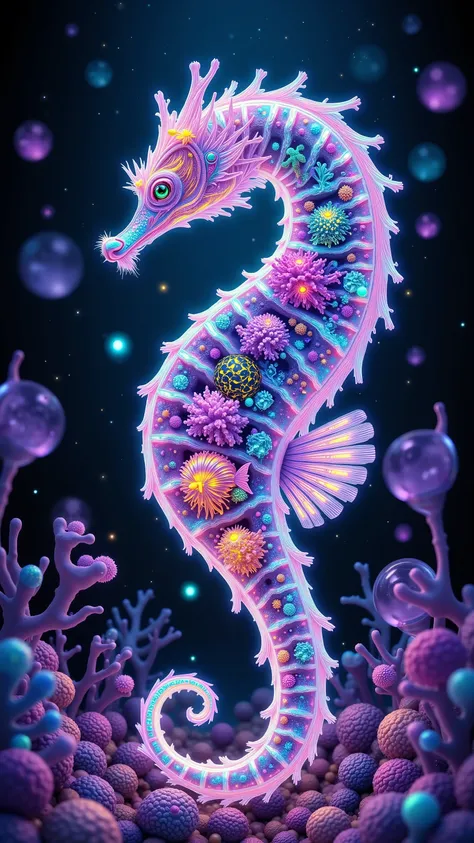  A sea horse with a translucent, glowing body, its vibrant iridescent scales shimmering in hues of turquoise, lavender, and mint , as if infused with the soft glow of bioluminescent creatures. Inside its body, a miniature waterworld teems with life, featur...