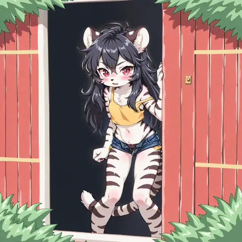 (furry, kemomo:1.5), solo, alone, detailed tiger girl, detailed hair, long black hair, detailed face, detailed animal nose, detailed cat ears, detailed cat eyes, crimson eyes, detailed slit pupils, blushing, teasing, detailed petite body, detailed white fu...