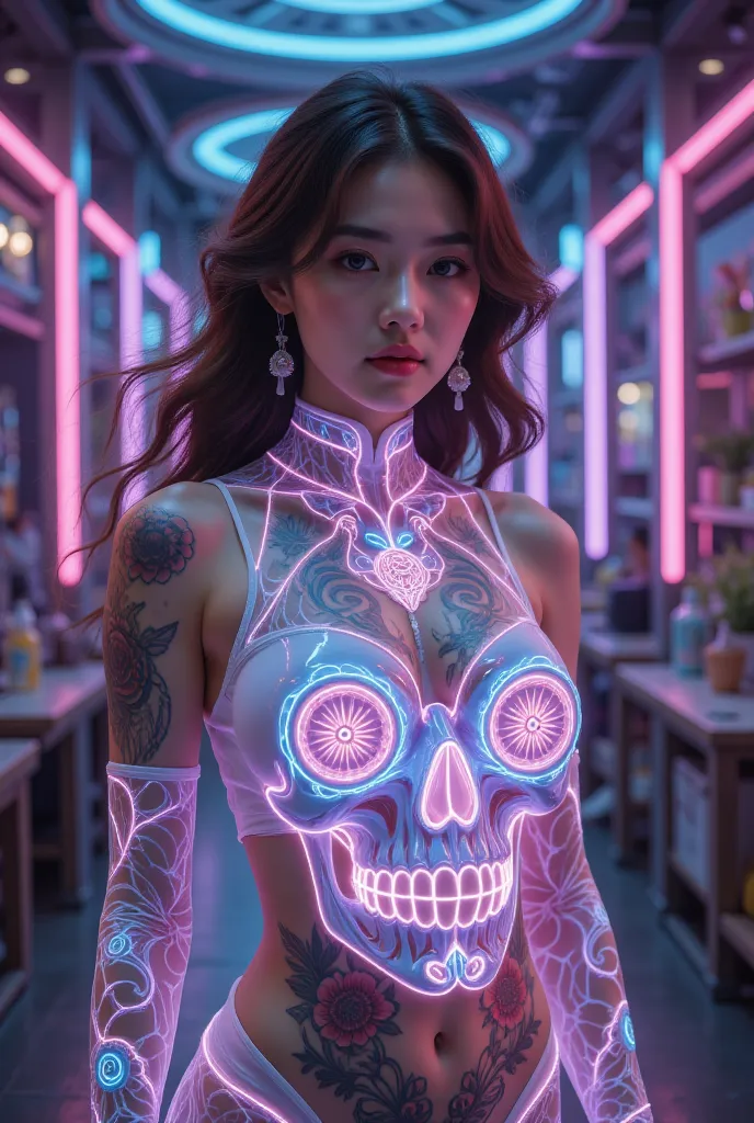 GGGJAAA  ,Figure costume ， shaped like a neon skull glass , A stunning 3D   mealioff -style render of a beautiful woman with a mesmerizing mandala tattoo on her .   The mandala has a complex  ,  colorful patterns ，  blends traditional and modern design  . ...