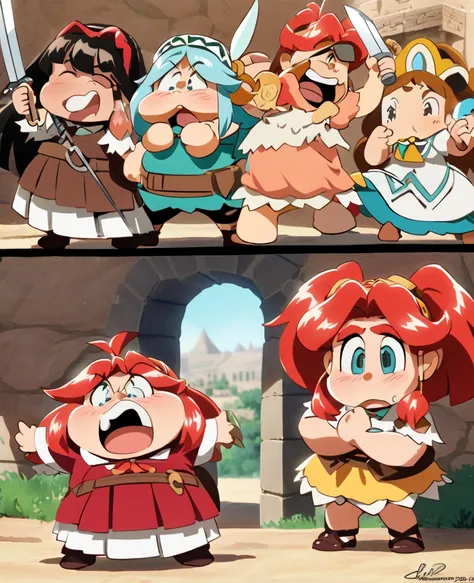 Chubby red-haired girls from the Gallic village of Asterix and Obelix fighting the Romans before Cleopatra's watchful eye 