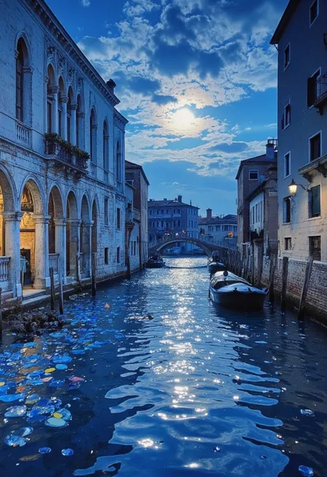    Sapphire Blue World   ,   An All-Blue World   ,    The view of Venice's waterways is illuminated by 、 full moon  ,  Watercolor Fusion  ,    acrylic and collage      ,     conceptual installation art。 broken glass scattered throughout the image 。