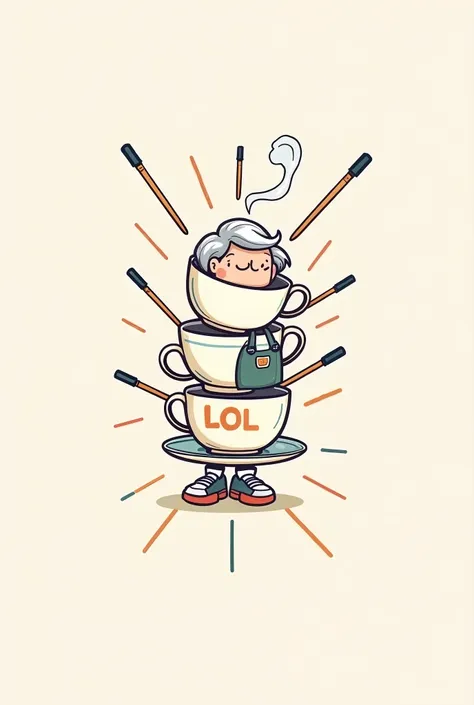 Design a humorous team logo for a team of retirees， ， the jigaku teacup family ， main graphics ： The body pattern uses a stick pen tree to form （ symbolizes three generations ）， The top layer teacup wears reading glasses （The ）， the middle layer teacup is ...