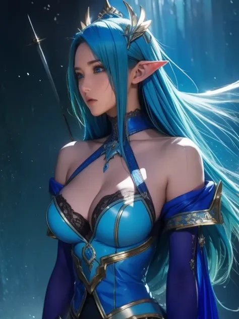 Anime girl with blue hair and holding a sword in a blue dress, portrait  a knight girl of the zodiac ,  a knight girl of the zodiac ,   an enchanting elf princess night ,  Maya Ali as Wind Magician , The truth of the matter,  Magician in the Beautiful Sky,...