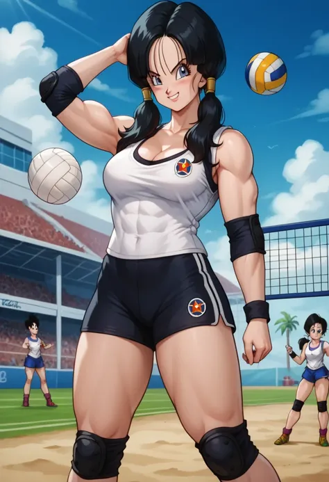 1 girl, alone, Videl dragon ball z is uploading a black volleyball uniform,  tank top, cleavage, tight athletic shorts, knee pads, athletic socks, elbow pads, knee pads pose sensual,  shy smile,  detailed eyes,  big boobs,  perfect body,  black hair, two p...