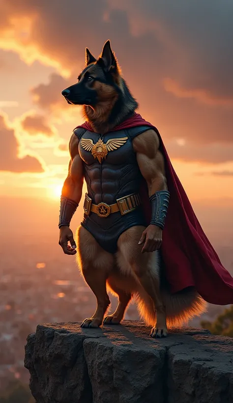 A majestic, muscular German Shepherd-Border Collie mix, looking heroic and powerful, with humanoid appearance, dressed in a superhero costume with an owl emblem and cowl, ombré tail, standing upright on a cliff at sunset. Background filled with dramatic cl...