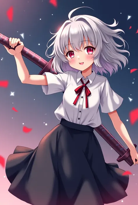 The picture is of an anime girl with gray hair and her eyes are light red and dark red on top. Her eyes are a star wearing a white shirt and a long black skirt. I am in the attack and fighting a boy holding a sword