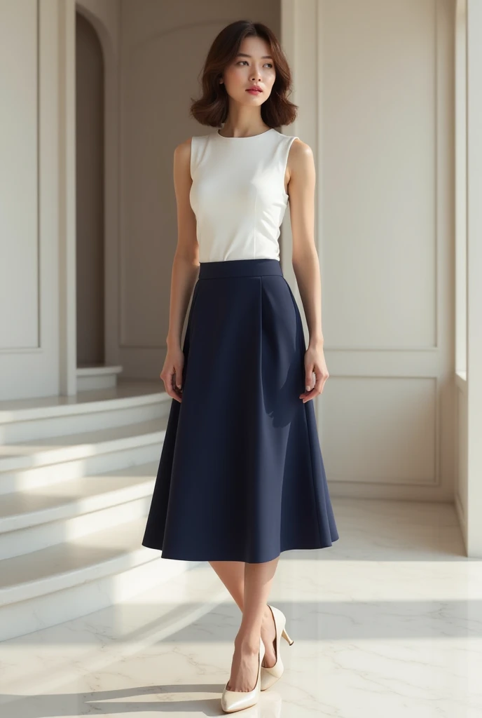 White Sleeveless top with navy blue knee length skirt with high heels