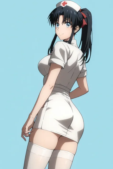 dutch angle, MASTER PIECE, HIGH QUALITY,  HD, 4K(((((Kamiya Kaoru wearing nurse dress, white thighhigh, Kamiya Kaoru black hair))))), (((sexy body))), ((((perfect girl anatomy)))), (((BLACK LONG HAIR, long ponytail hairstyle, hairbow, PERFECT EYES, large b...