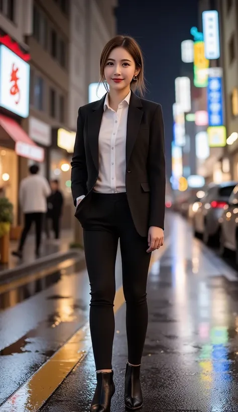 12K、hdr、 bit depth 10bit with old clothes、At night in Liuhua Street、Full body image、 with a smile、 random hairstyle、In a standing position、In formal attire、I see high heels、Can you see asphalt wet from rain、