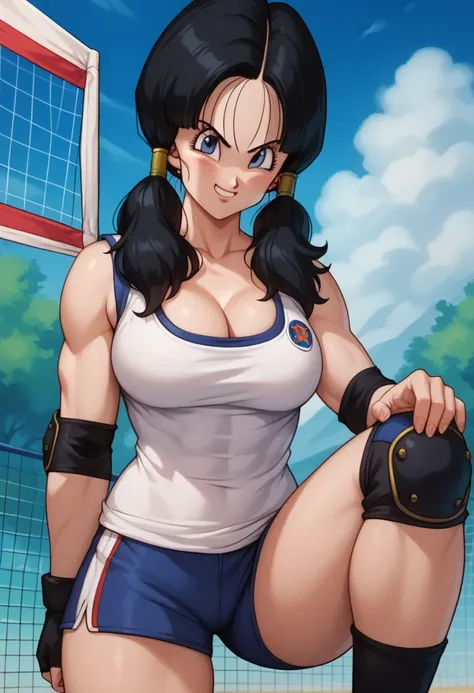 1 girl, alone, Videl dragon ball z is uploading a black volleyball uniform,  tank top, cleavage, tight athletic shorts, knee pads, athletic socks, elbow pads, knee pads pose sensual,  shy smile,  detailed eyes,  big boobs,  perfect body,  black hair, two p...