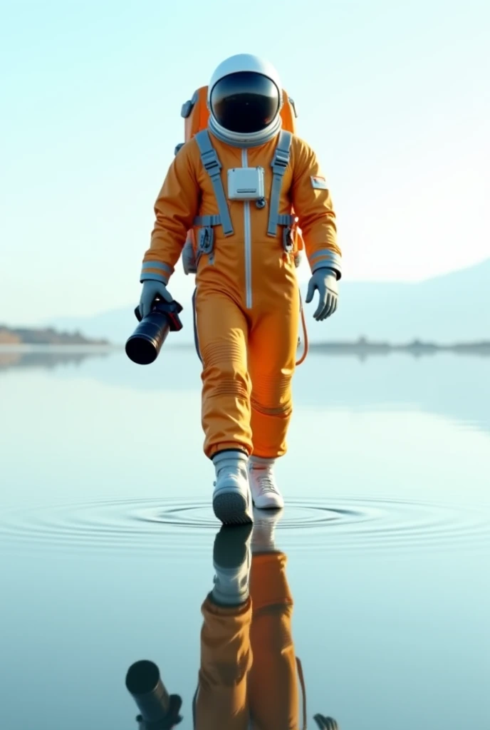 A clasic cosmonaut walking confident on water with a pro dslr with a lens 70-200mm