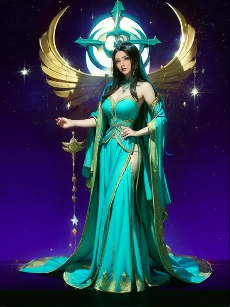 青いドレスを着た女性が空中に立っている,  Maya Ali as Wind Magician , Anime Goddess,  Magician in the Beautiful Sky,  Full Body Senxia ,  Maya Ali as Wind Magician ,  beautiful young wind spirit, Heavenly Goddess, A woman in a blue dress is standing in the air with Maya Ali a...