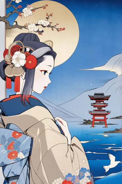  Ukiyo-e、The goddess who wears a coat、 Gorgeous Hair Ornaments 、Beautiful Japanese culture、profile、Clean face、princess、