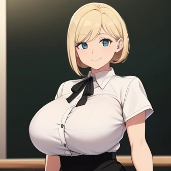 （ female 1 person:1.1）， masterpiece， top quality，(  anatomically accurate,  Accurate Description :1.2),   anime mature woman，（ blonde hair, white blouse, black mini pencil skirt,  Black Knee High Stockings:1.1), ( Super Big Breasts:1.2),smiling at viewers,...