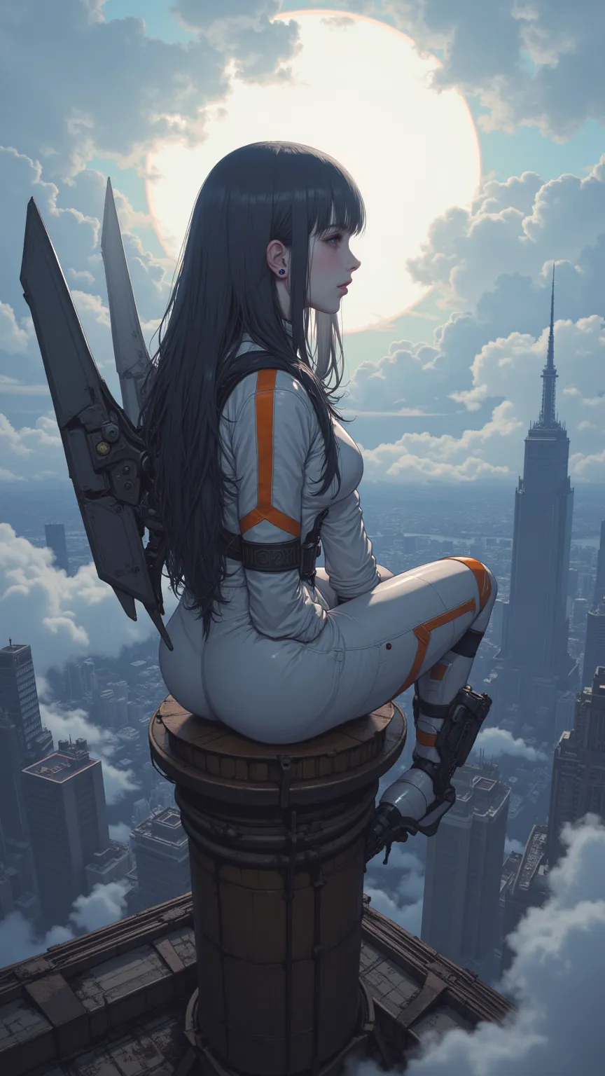  Live Action 、Genuine、1 person,  idol,  A very pretty Japanese girl ,  straight long hair 、White and orange space suit、Machine Angel's Halo 、 mechanical angel wings 、movie、 photos,  description depth of boundary ,  model,   window,  Watch viewers,cloudy、Is...